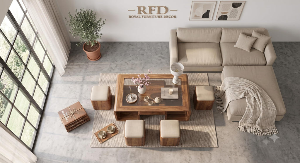 Royal Furniture Decor Solid Wood Coffee Table with 4 Stools, 122x61 cm