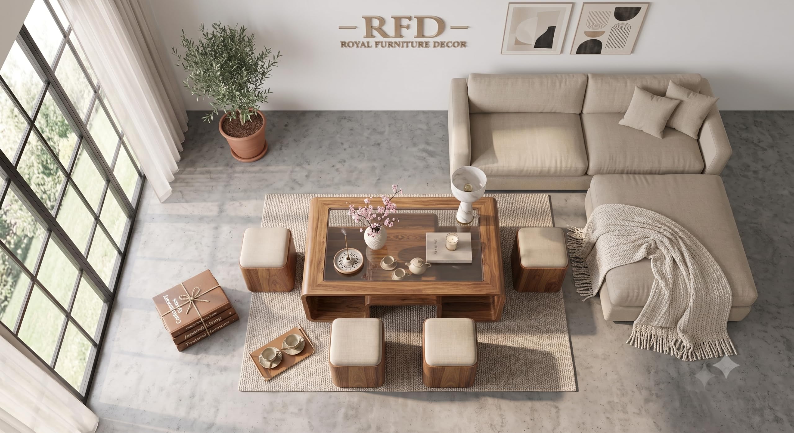Royal Furniture Decor Solid Wood Coffee Table with 4 Stools, 122x61 cm
