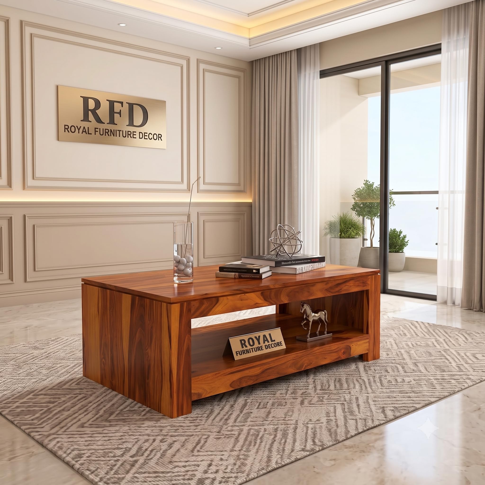 RFD Sheesham Wood Center Coffee Table with Shelf | Honey Finish | Solid Rosewood