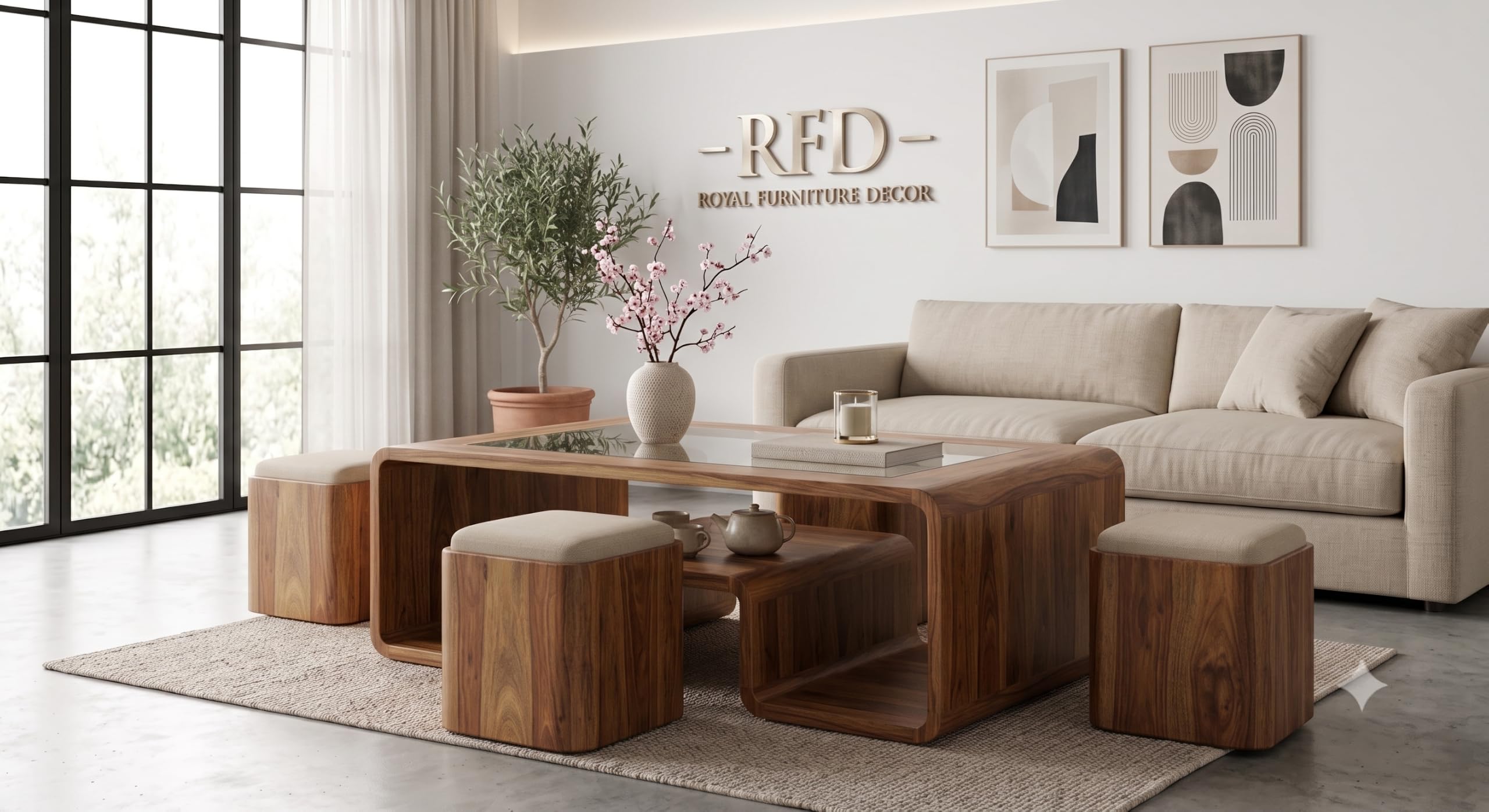 Royal Furniture Decor Solid Wood Coffee Table with 4 Stools, 122x61 cm