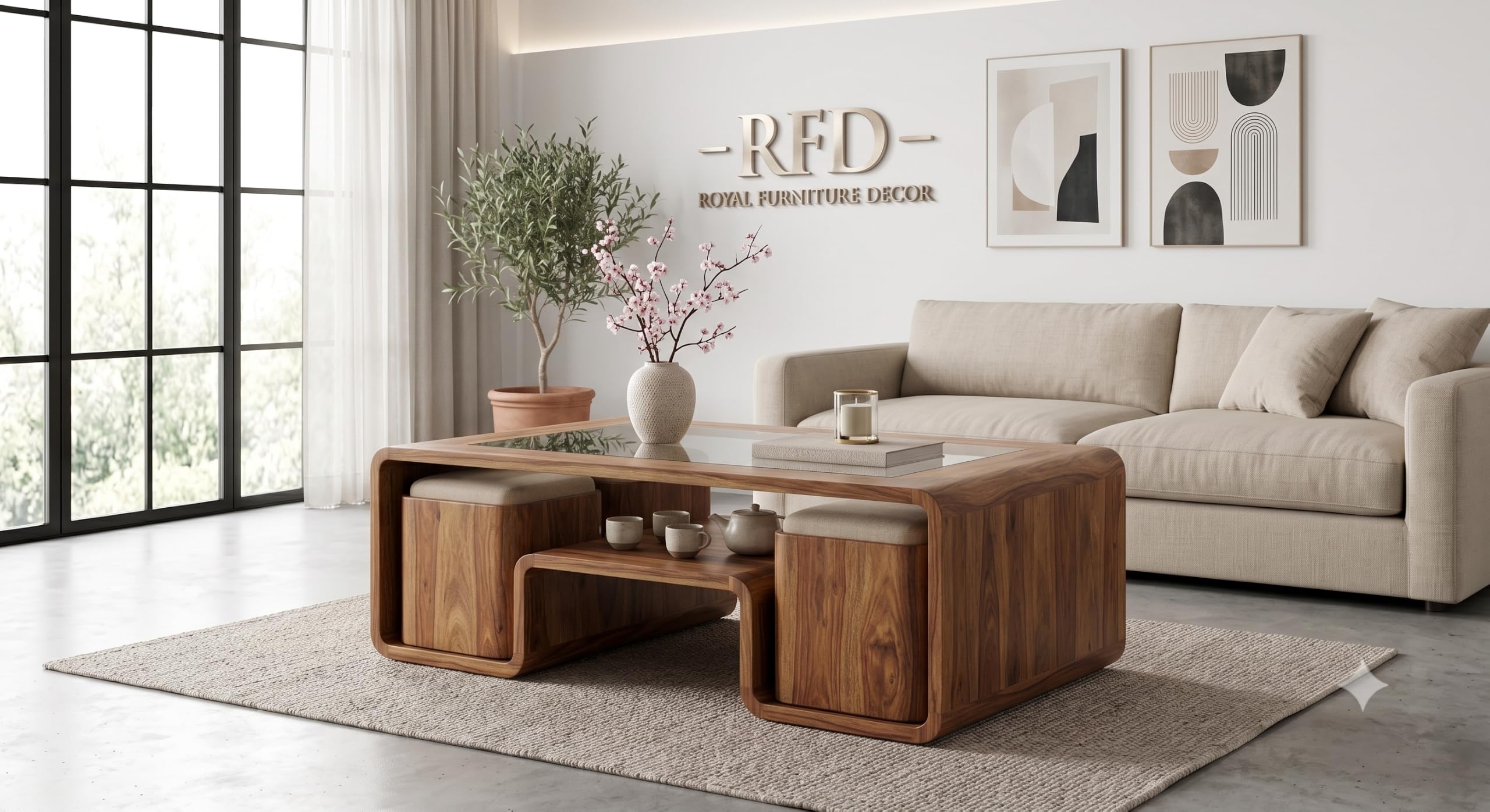 Royal Furniture Decor Solid Wood Coffee Table with 4 Stools, 122x61 cm