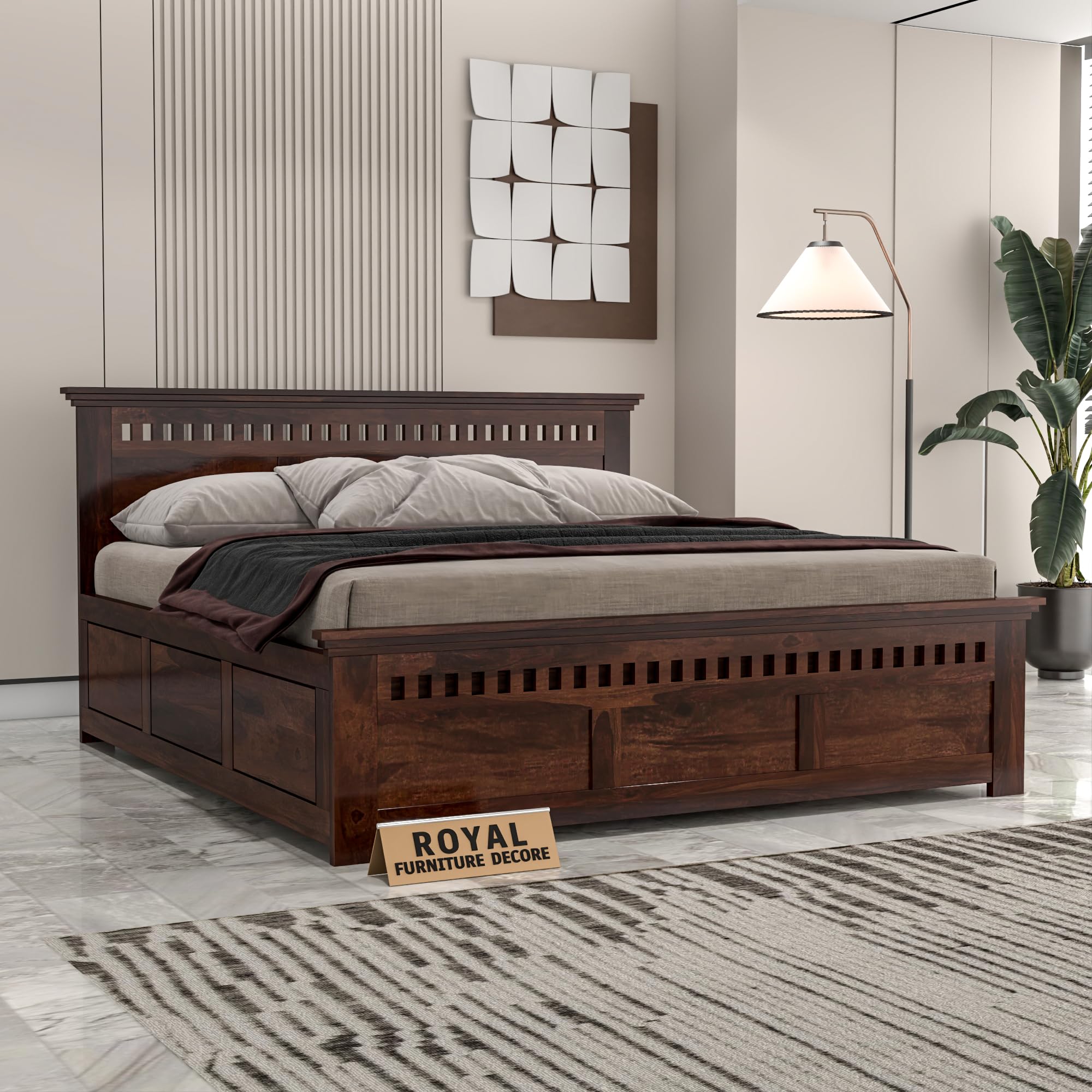 RFD Sheesham Wood Queen Size Bed with Box Storage | Walnut Finish
