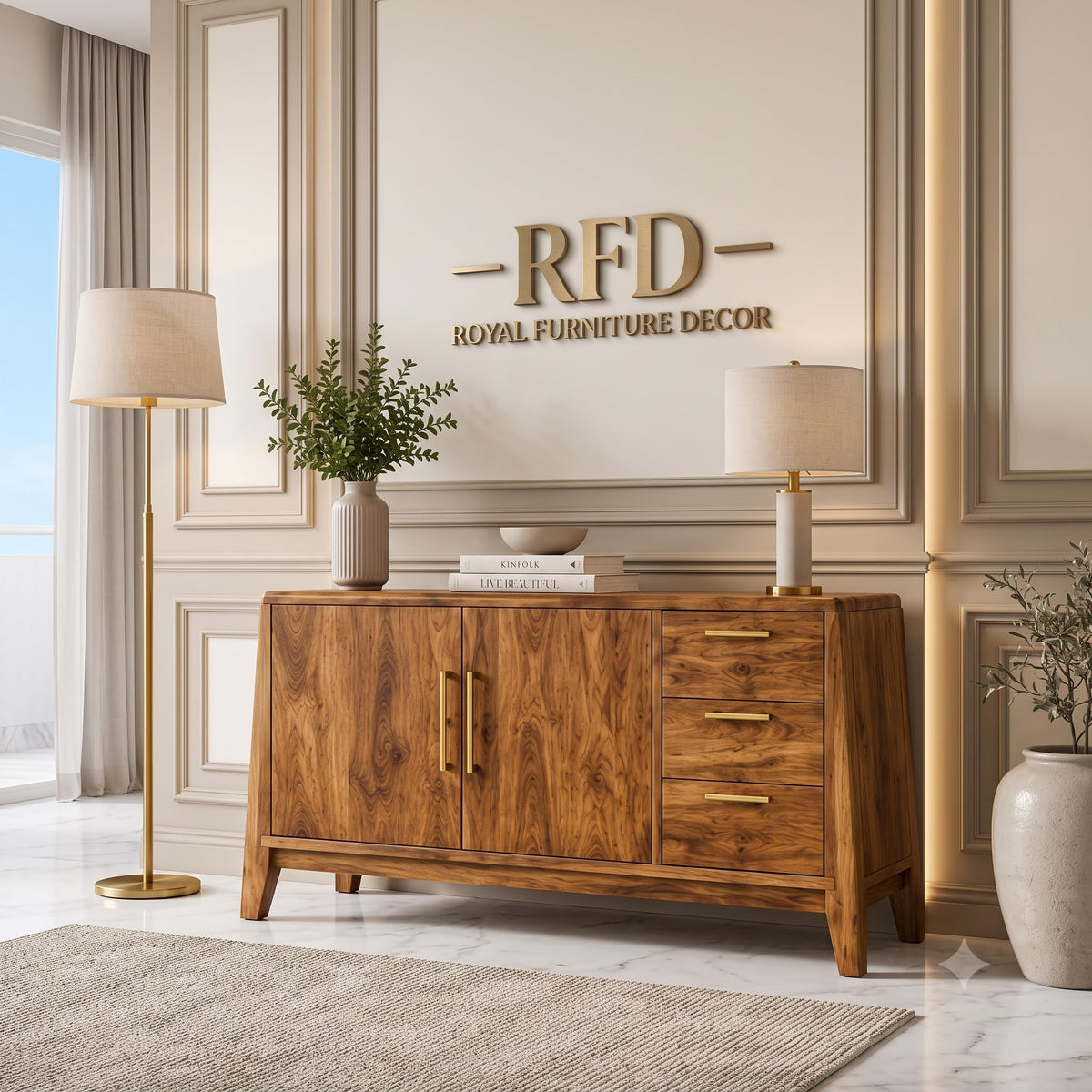 RFD Solid Wood Sideboard with Drawers | Walnut Finish