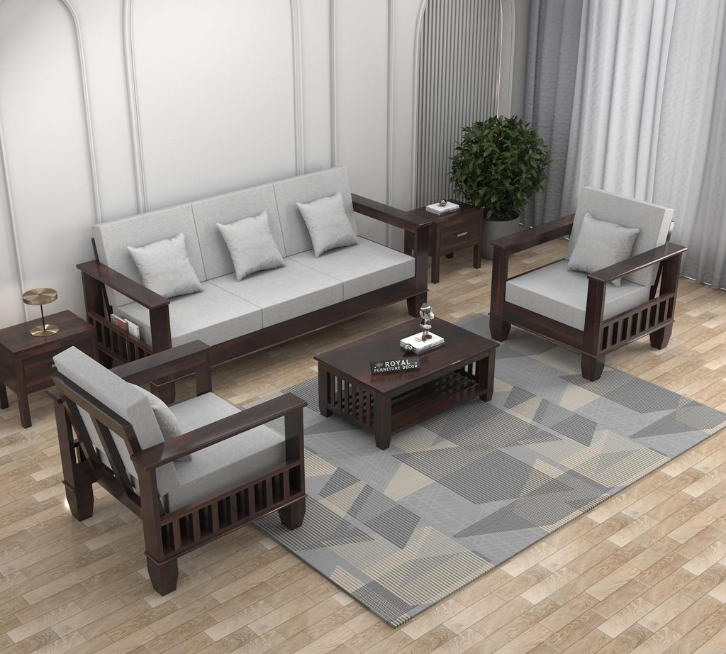RFD Sheesham Wooden 5 Seater Sofa Set (3+1+1) with Rosewood Cushion & Newspaper Holder