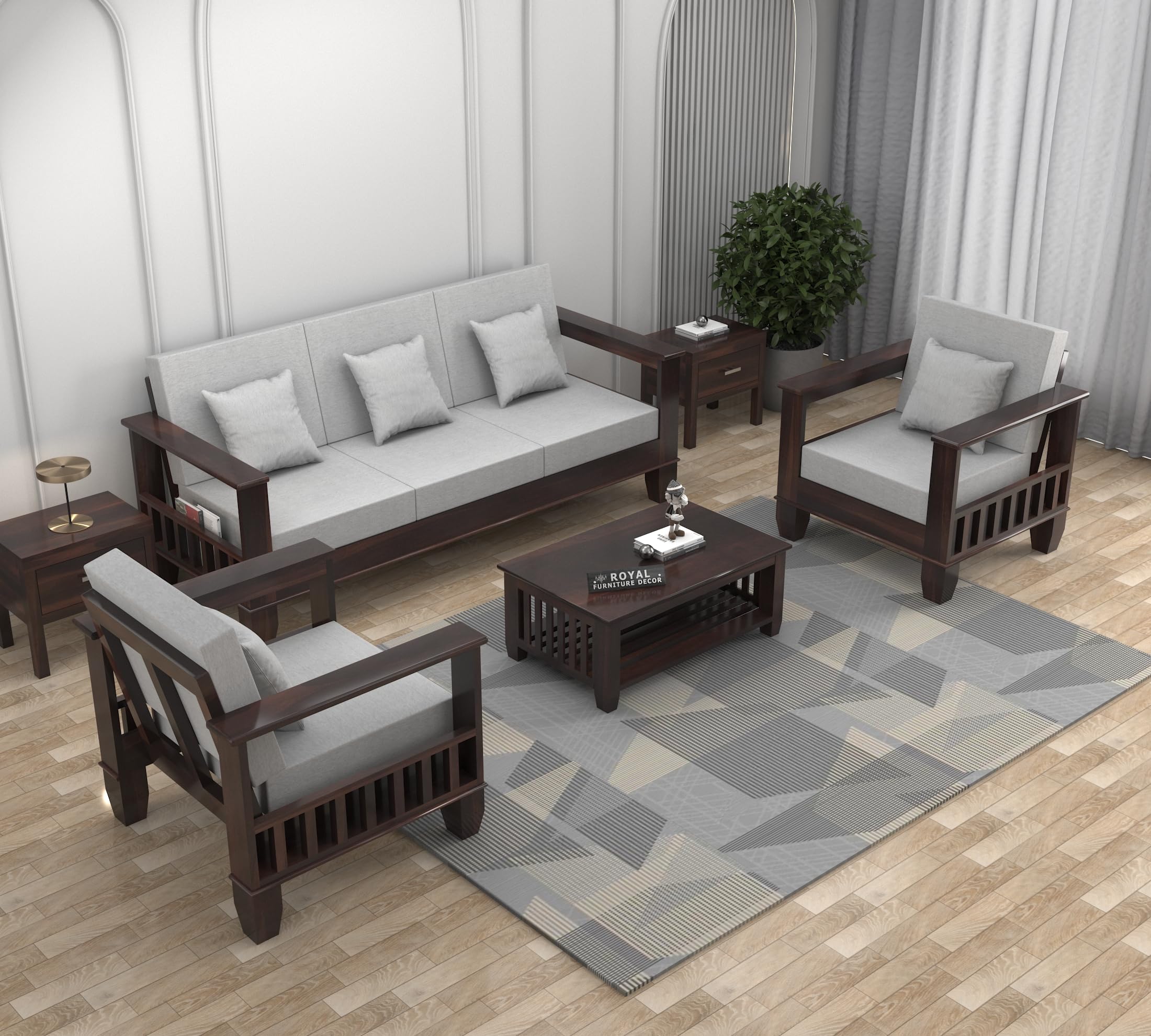 RFD Sheesham Wooden 5 Seater Sofa Set (3+1+1) with Rosewood Cushion & Newspaper Holder
