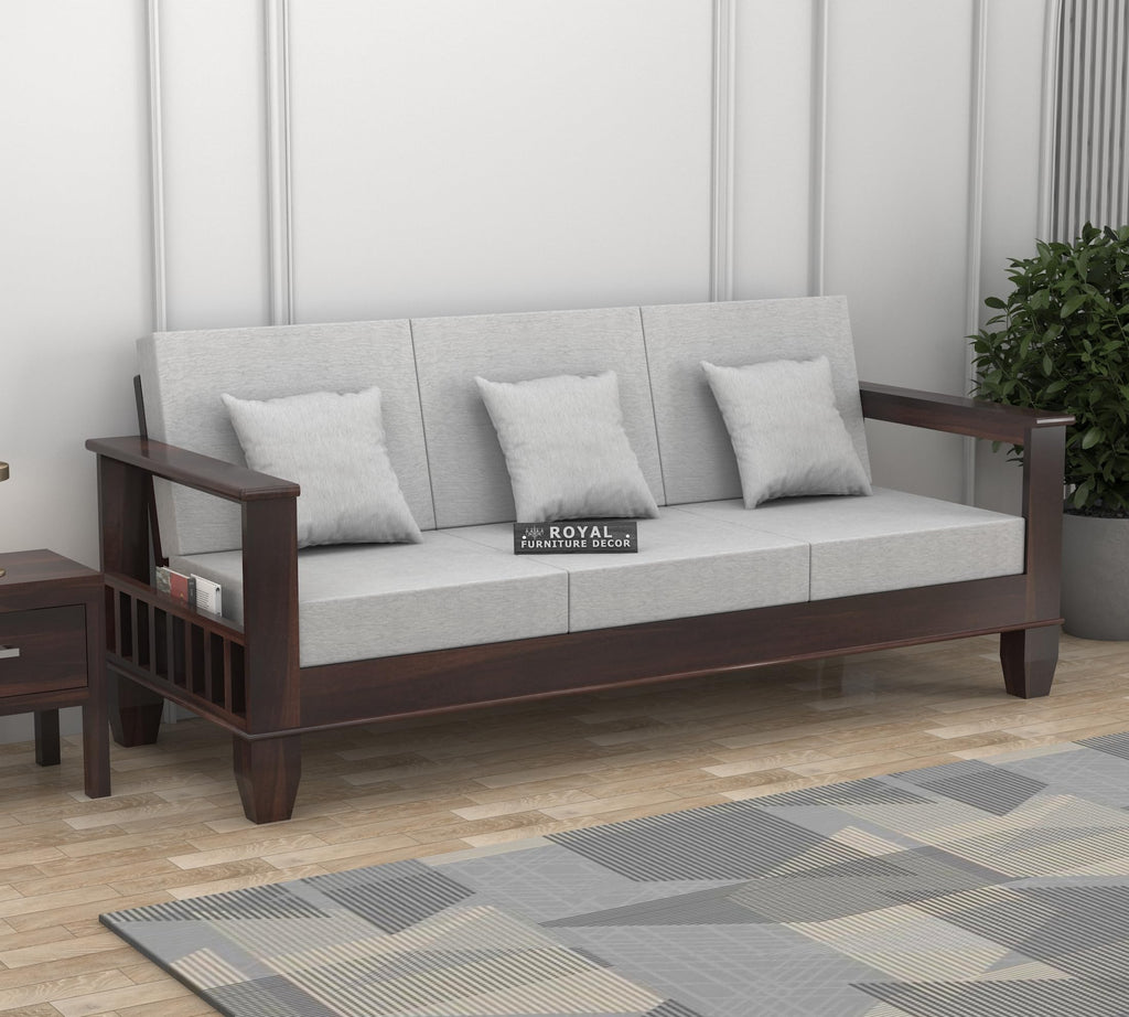 RFD Sheesham Wooden 3 Seater Sofa Walnut Finish with Rosewood Cushion & Newspaper Holder
