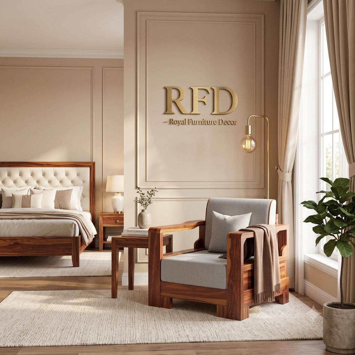 RFD - Royal Furniture Decor Solid Wood Armchair with Grey Upholstery