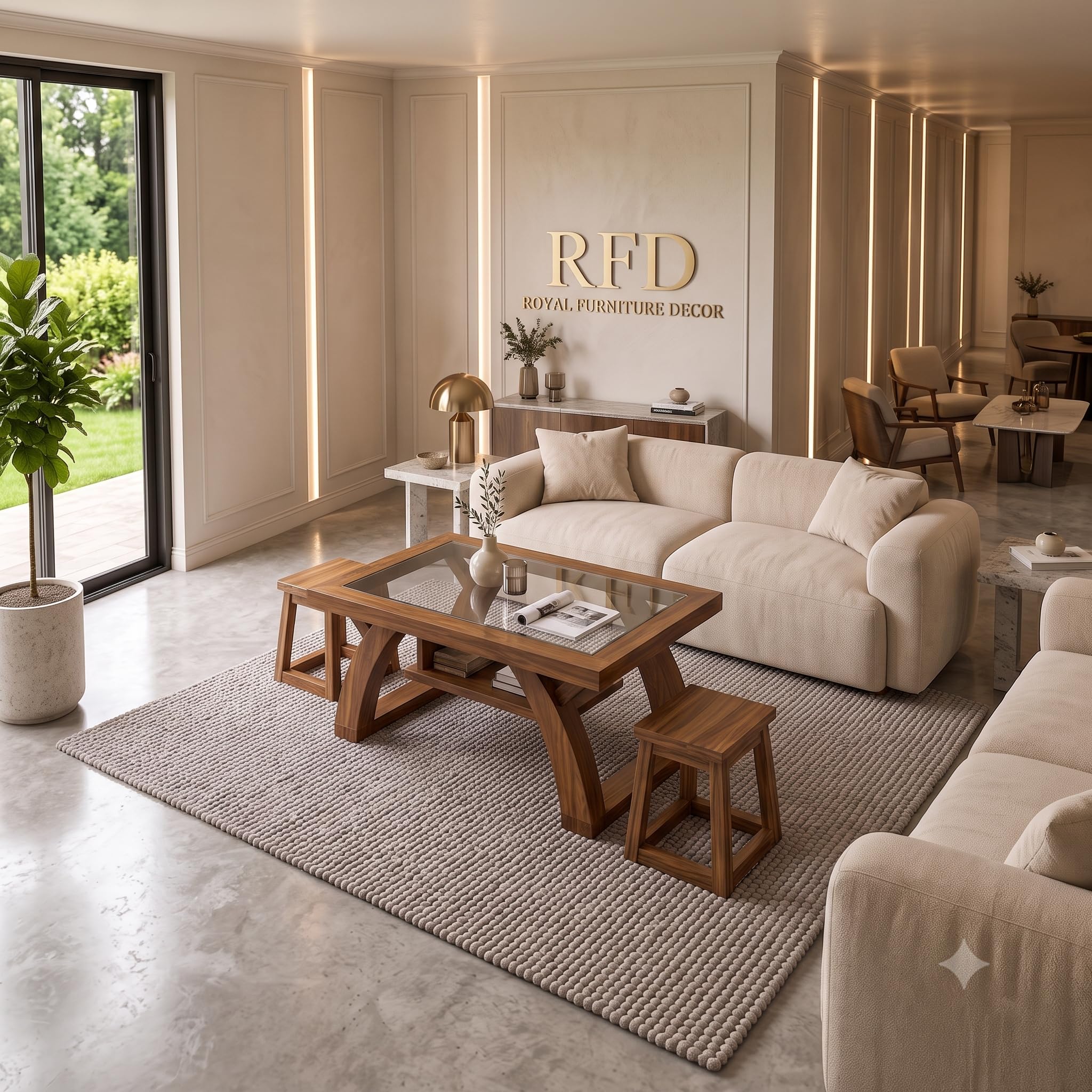 Royal Furniture Decor Solid Wood Coffee Table Set with 2 Stools, 120x60 cm