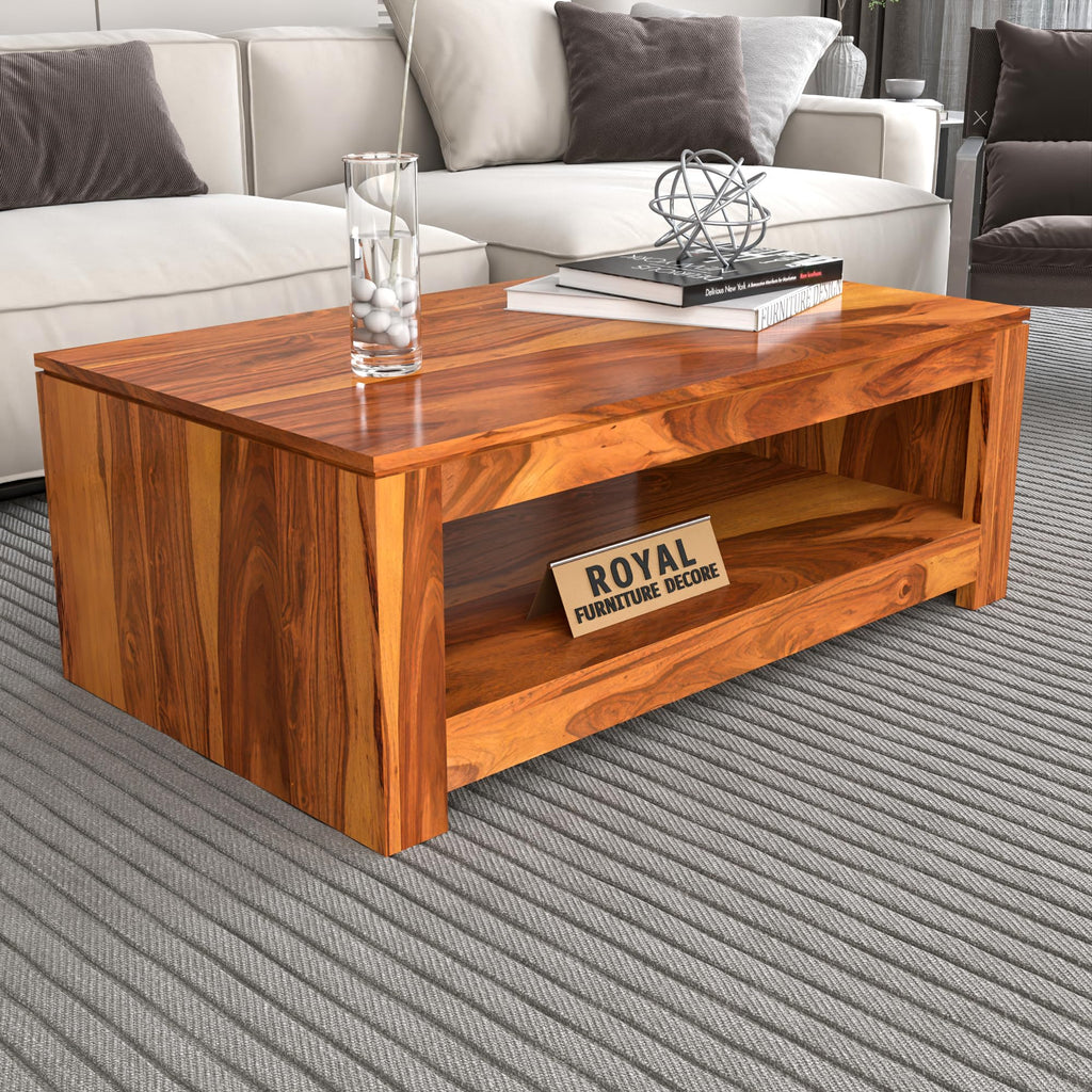 RFD Sheesham Wood Center Coffee Table with Shelf | Honey Finish | Solid Rosewood