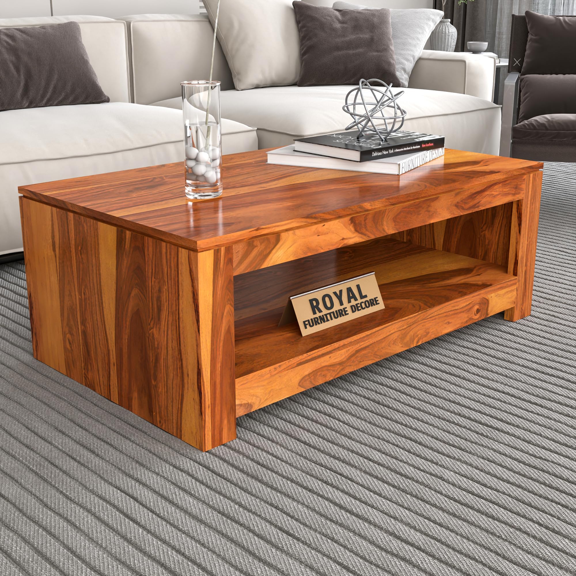 RFD Sheesham Wood Center Coffee Table with Shelf | Honey Finish | Solid Rosewood