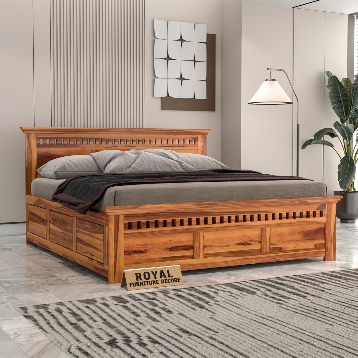 RFD - Royal Furniture Decor Sheesham Wood Queen Size Bed with Box Storage Wooden Double Bed Cot Bed Furniture for Bedroom Living Room Home (Honey Finish)
