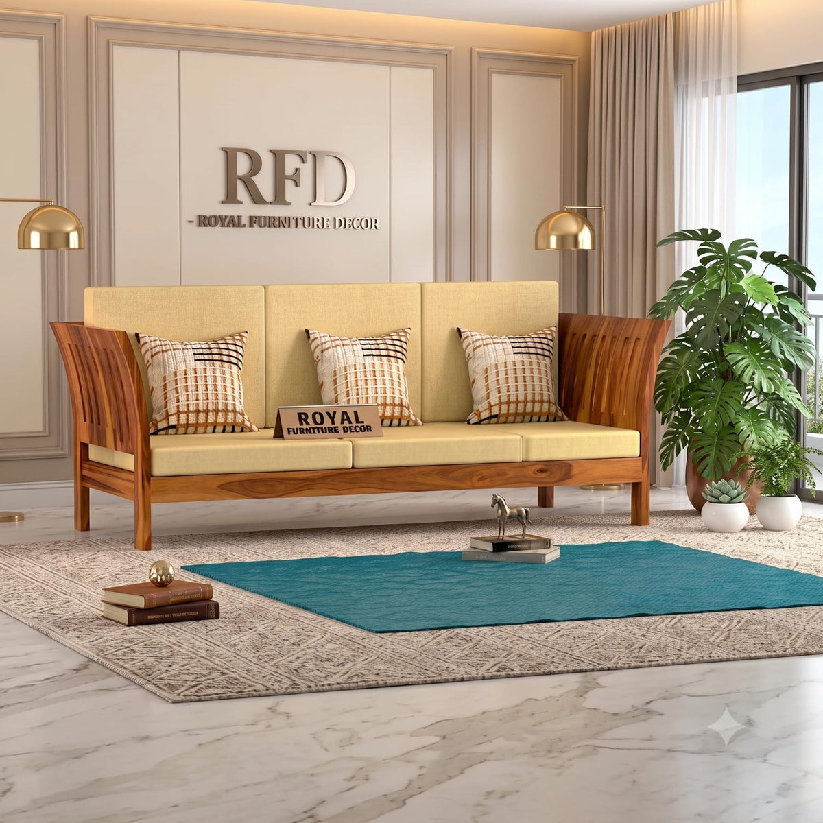 RFD - Royal Furniture Decor Sheesham Wooden 3 Seater Sofa for Living Room | Solid Wood Sofa | Rosewood Sofa Set for Home & Office Lounge (Honey, 3 Seater)