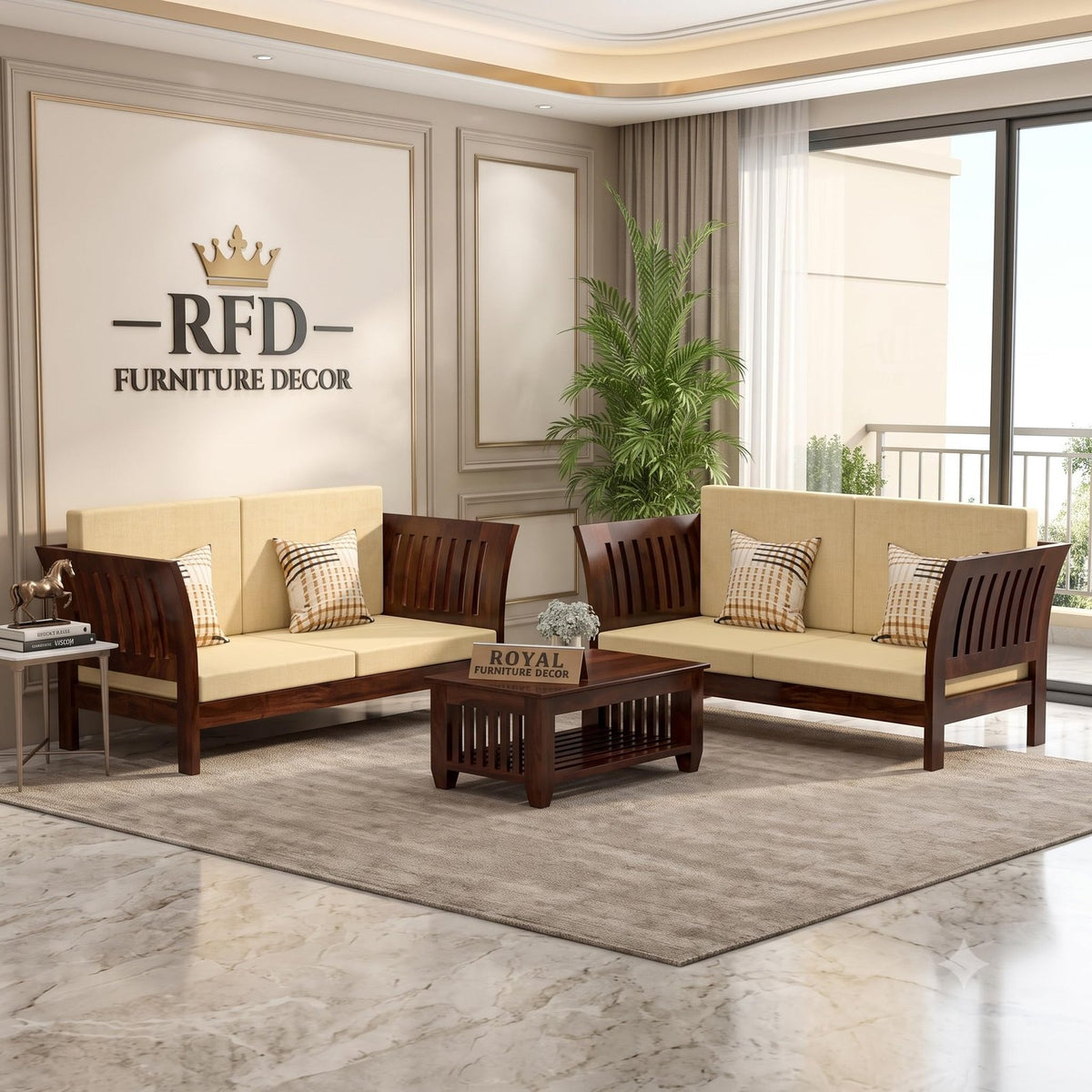 Royal Furniture Decor Sheesham Wooden 4 Seater Sofa for Living Room | Solid Wood Sofa | Rosewood Sofa Set for Home & Office Lounge (Walnut, 2+2 Seater)
