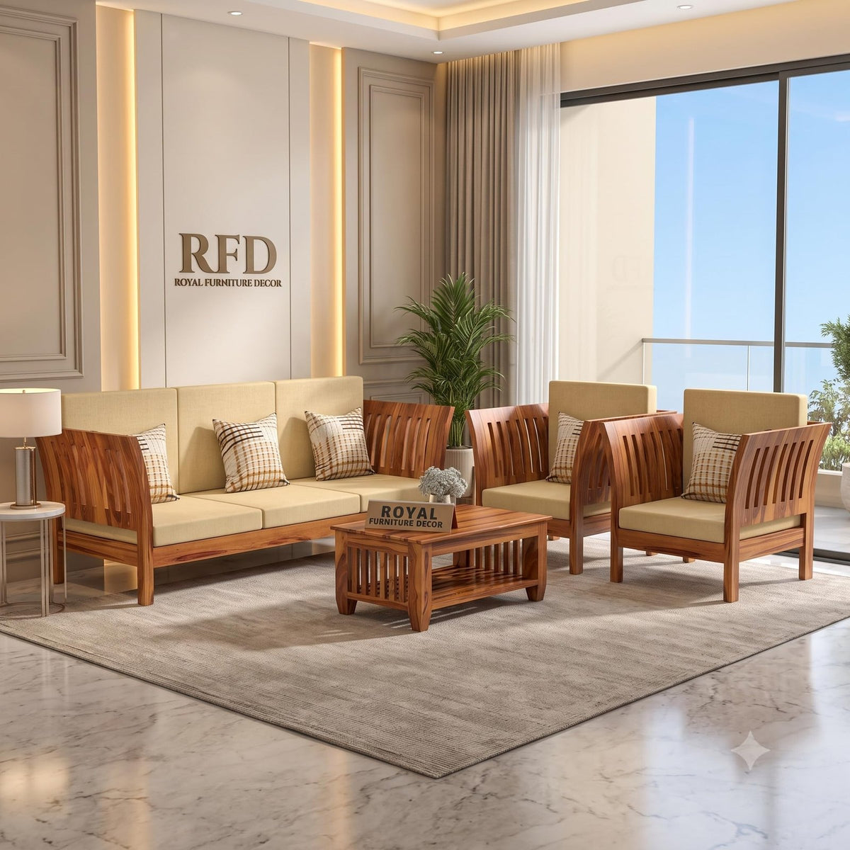 Royal Furniture Decor Sheesham Wooden 5 Seater Sofa Set for Living Room | Solid Wood Sofa | Rosewood Sofa Set for Home & Office Lounge (Honey, 3+1+1 Seater)