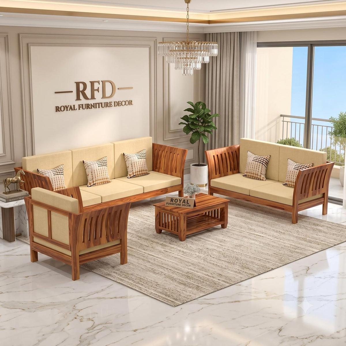 RFD - Royal Furniture Decor Sheesham Wooden 6 Seater Sofa Set for Living Room | Solid Wood Sofa | Rosewood Sofa Set for Home & Office Lounge (Honey, 3+2+1 Seater)