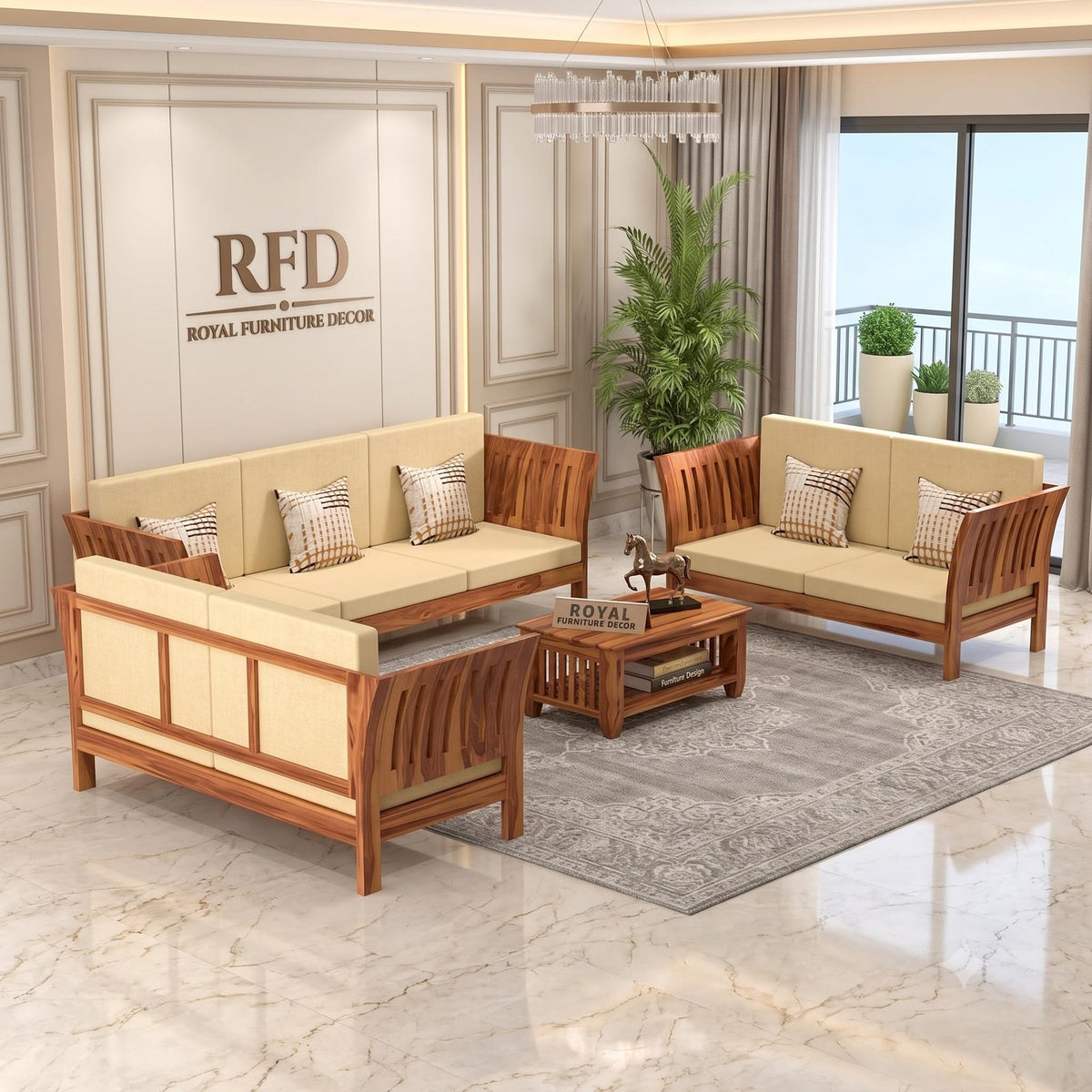Royal Furniture Decor Sheesham Wooden 7 Seater Sofa Set for Living Room | Solid Wood Sofa | Rosewood Sofa Set for Home & Office Lounge (Honey, 3+2+2 Seater)