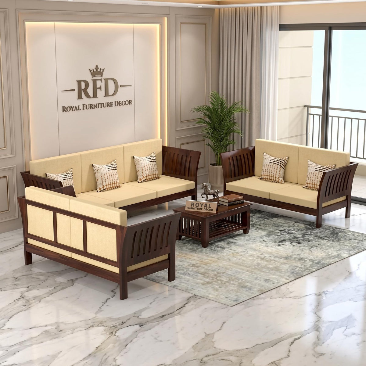 RFD - Royal Furniture Decor Sheesham Wooden 7 Seater Sofa Set for Living Room | Solid Wood Sofa | Rosewood Sofa Set for Home & Office Lounge (Walnut, 3+2+2 Seater)