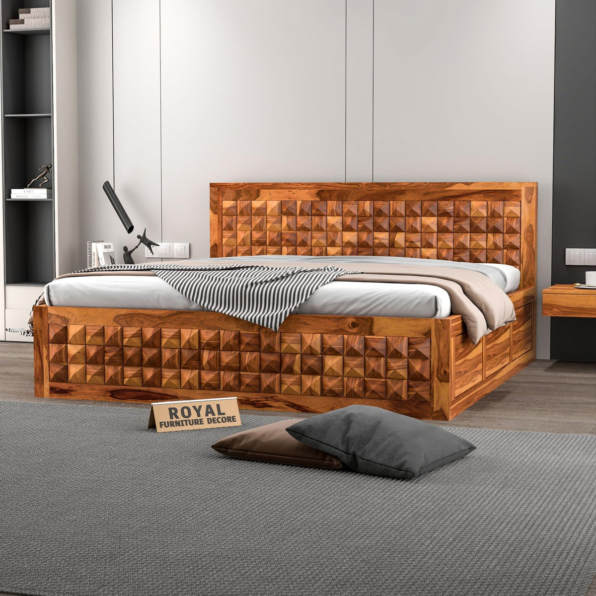RFD - Royal Furniture Decor Sheesham Wood Diamond Queen Size Bed with Box Storage and Headboard for Bedroom Living Room Home Wooden Double Bed Cot Palang Furniture (Honey Finish)