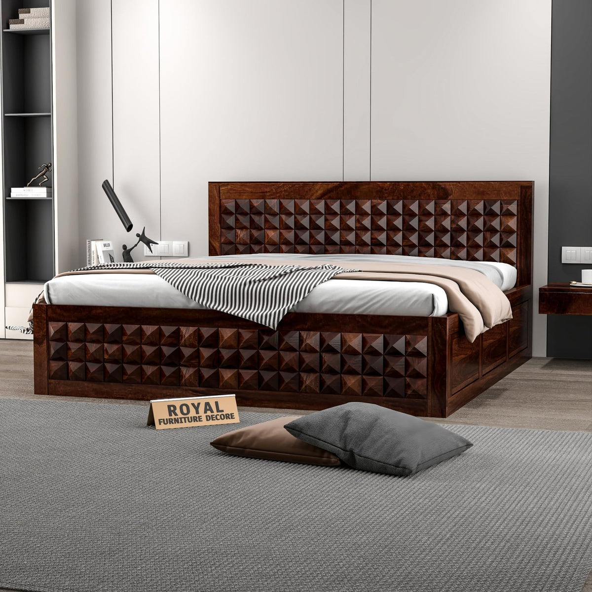 RFD - Royal Furniture Decor Sheesham Wood Diamond Queen Size Bed with Box Storage and Headboard for Bedroom Living Room Home Wooden Double Bed Cot Palang Furniture (Walnut Finish)