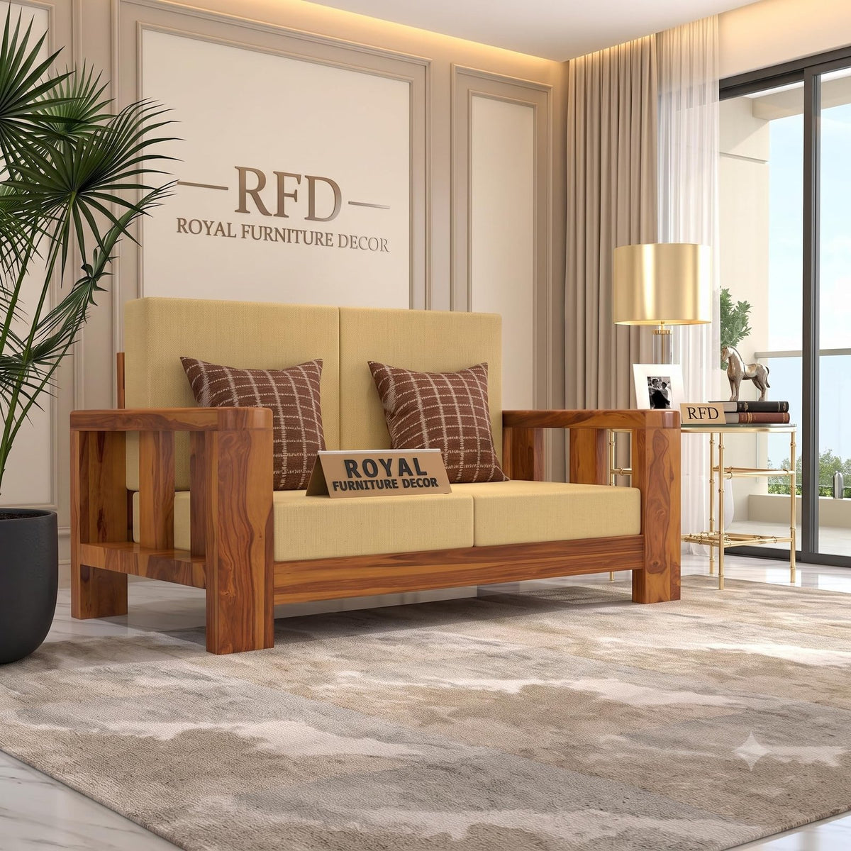 Royal Furniture Decor Sheesham Wooden 2 Seater Sofa for Living Room | Solid Wood Sofa | Rosewood Sofa Set for Home & Office | Lounge (Honey, 2 Seater)