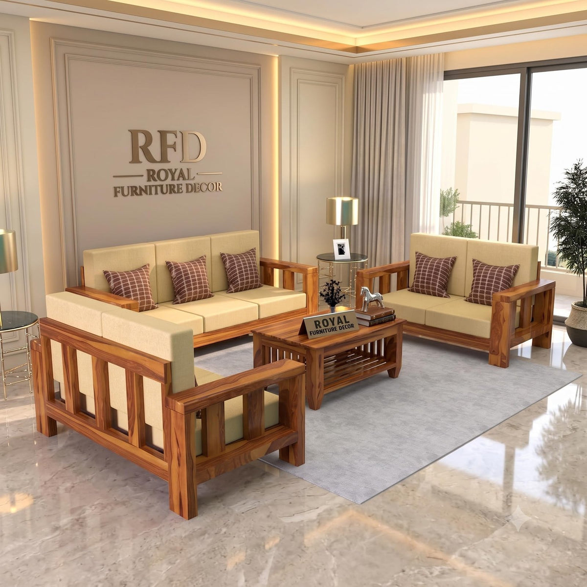 Royal Furniture Decor Sheesham Wooden 7 Seater Sofa Set for Living Room | Solid Wood Sofa | Rosewood Sofa Set for Home & Office | Lounge (Honey, 3+2+2 Seater)