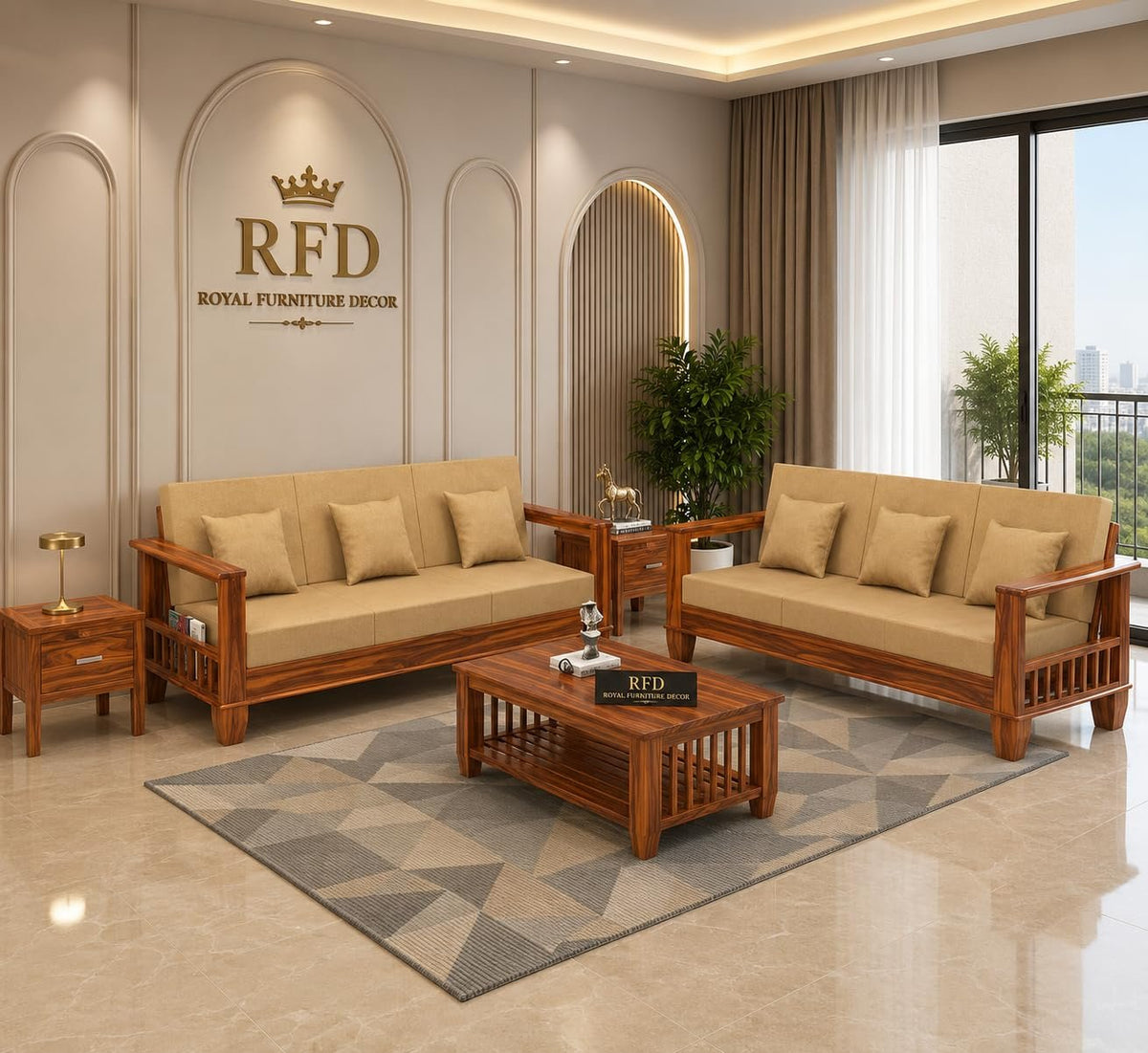 Royal Furniture Decor Sheesham Wooden 6 Seater Sofa Set for Living Room | Rosewood Cushion Sofa with Side Newspaper Holder for Home & Office | Lounge (Honey, 3+3 Seater)