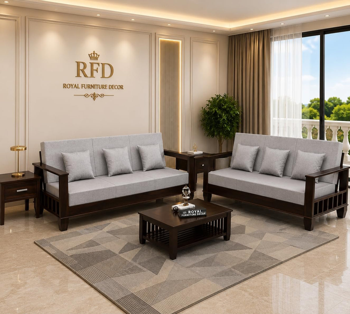 Royal Furniture Decor Sheesham Wooden 6 Seater Sofa Set for Living Room | Rosewood Cushion Sofa with Side Newspaper Holder for Home & Office | Lounge (Walnut, 3+3 Seater)