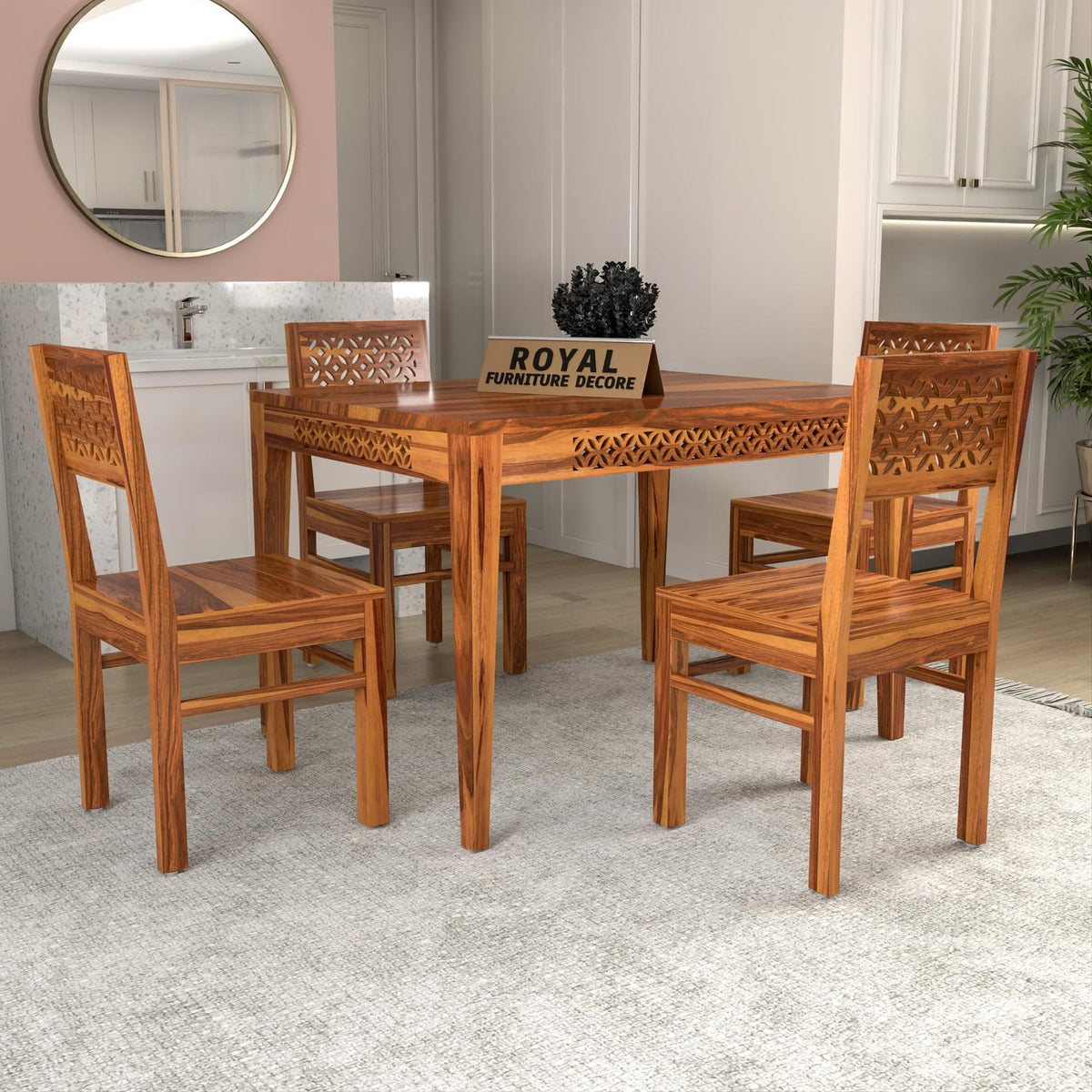 Royal Furniture Decor Solid Sheesham Wood 4 Seater Dining Table Set Without Cushioned Chairs for Dining Room | Living Room | Home & Office | Hotels Restaurant & Cafe (4 Seater, Honey A)
