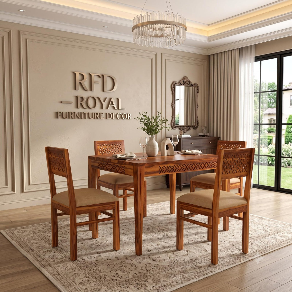 Royal Furniture Decor Solid Sheesham Wood 4 Seater Dining Table Set with Cushioned Chairs for Dining Room | Living Room | Home & Office | Hotels Restaurant & Cafe (4 Seater, Honey Finish A)