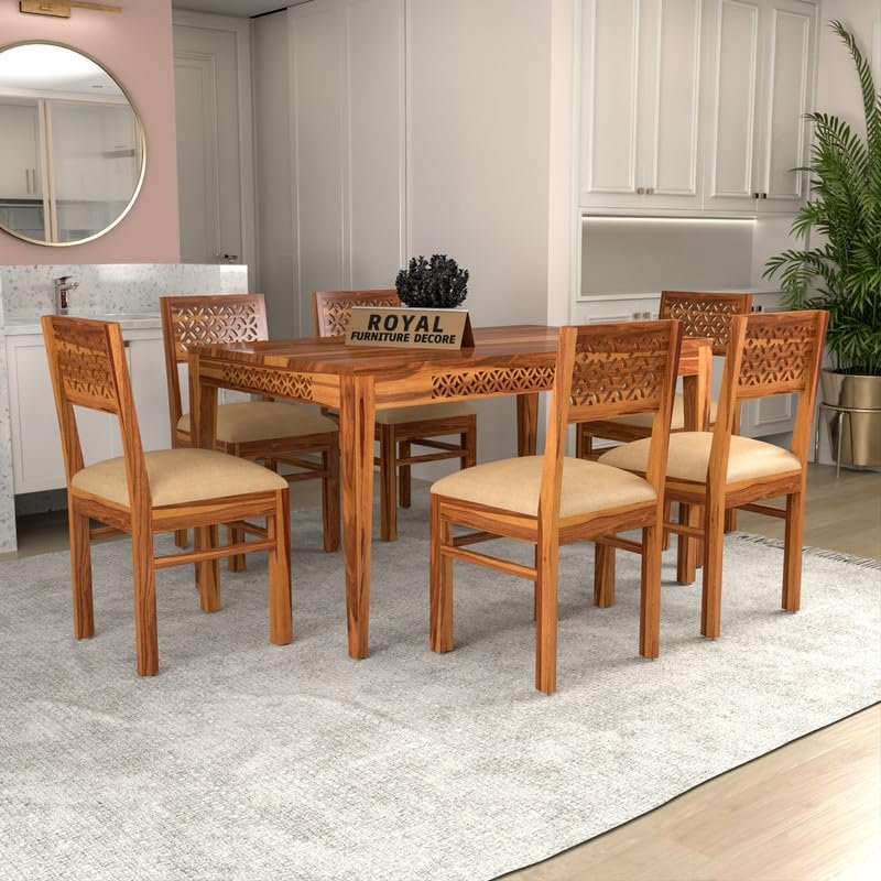 Royal Furniture Decor Solid Sheesham Wood 6 Seater Dining Table Set with Cushioned Chairs for Dining Room | Living Room | Home & Office | Hotels Restaurant & Cafe (6 Seater, Honey Finish A)