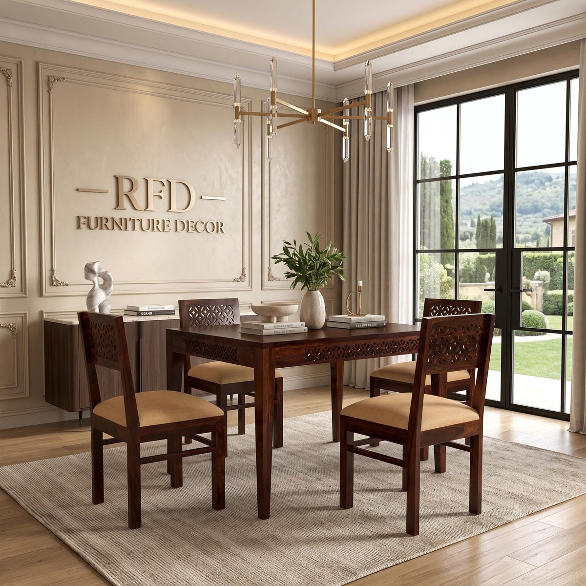 Royal Furniture Decor Solid Sheesham Wood 4 Seater Dining Table Set with Cushioned Chairs for Dining Room | Living Room | Home & Office | Hotels Restaurant & Cafe (4 Seater, Walnut Finish A)