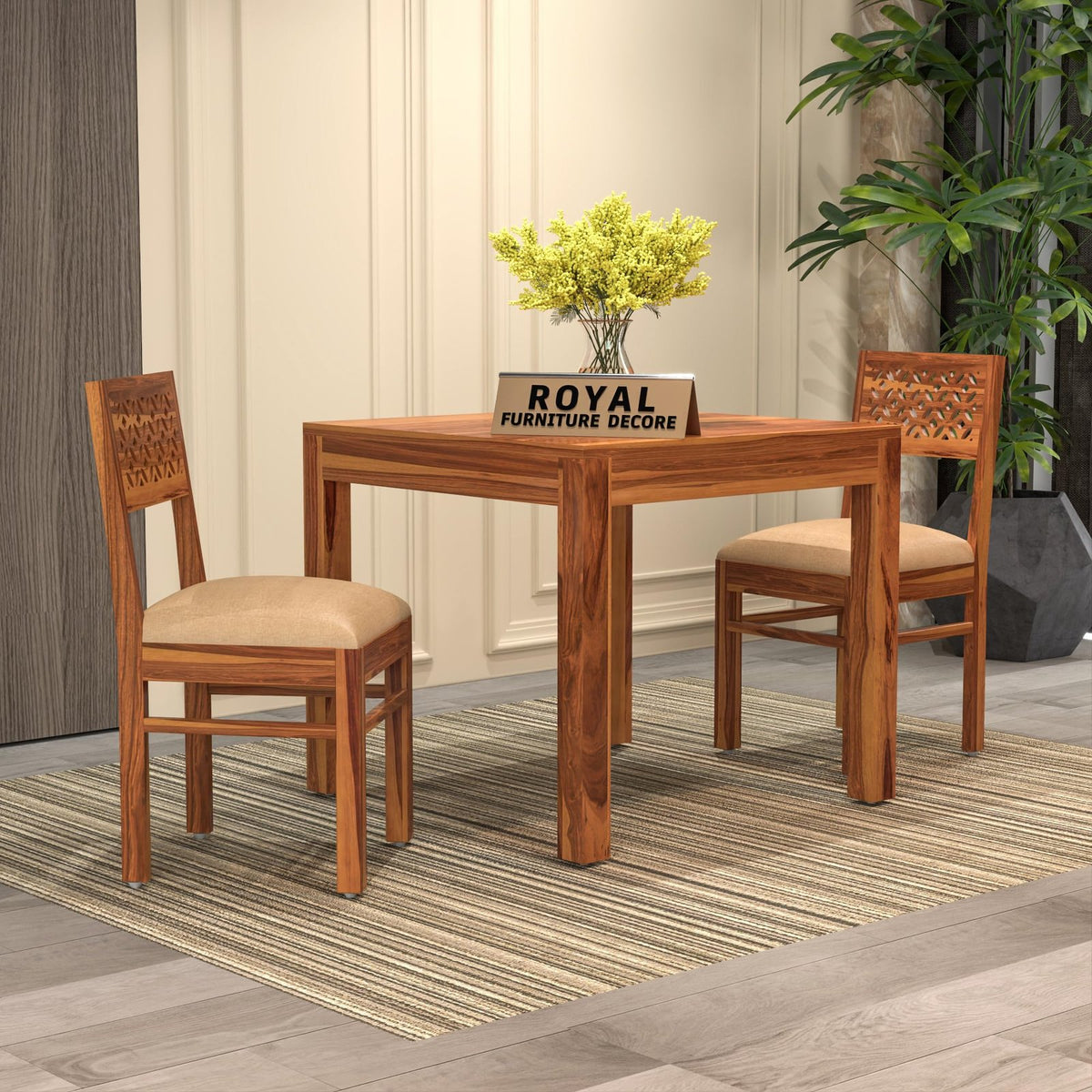 Royal Furniture Decor Solid Sheesham Wood 2 Seater Dining Table Set with Cushioned Chairs for Dining Room | Living Room | Home & Office | Hotels Restaurant & Cafe (2 Seater, Honey Finish C)