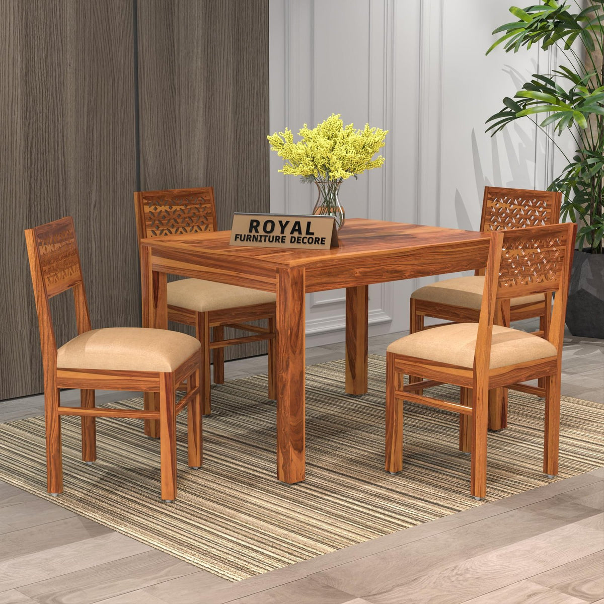 Royal Furniture Decor Solid Sheesham Wood 4 Seater Dining Table Set with Cushioned Chairs for Dining Room | Living Room | Home & Office | Hotels Restaurant & Cafe (4 Seater, Honey Finish C)