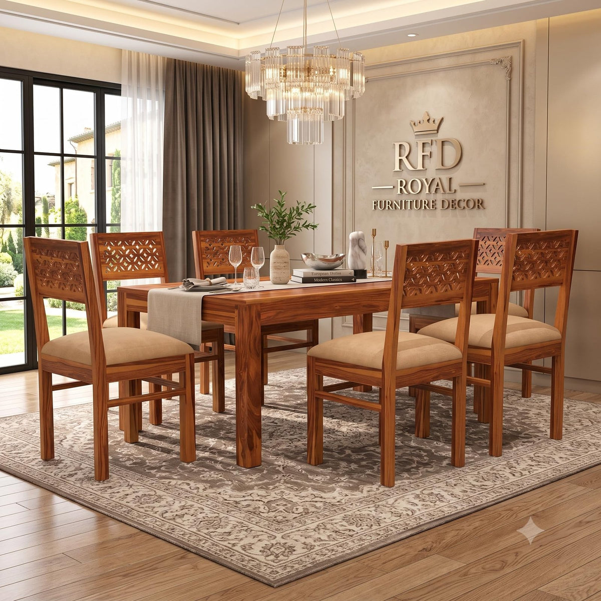 Royal Furniture Decor Solid Sheesham Wood 6 Seater Dining Table Set with Cushioned Chairs for Dining Room | Living Room | Home & Office | Hotels Restaurant & Cafe (6 Seater, Honey Finish C)