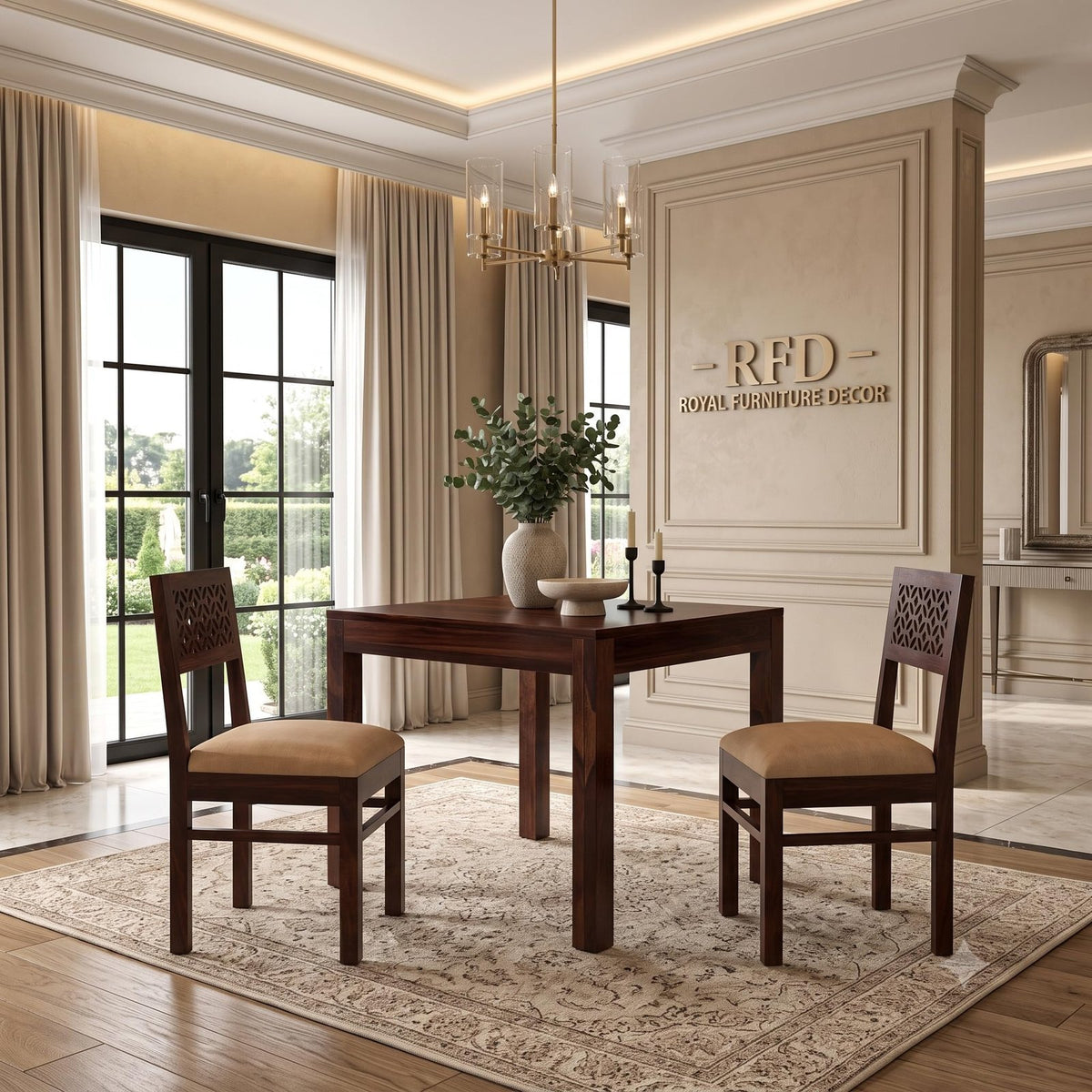 Royal Furniture Decor Solid Sheesham Wood 2 Seater Dining Table Set with Cushioned Chairs for Dining Room | Living Room | Home & Office | Hotels Restaurant & Cafe (2 Seater, Walnut Finish C)