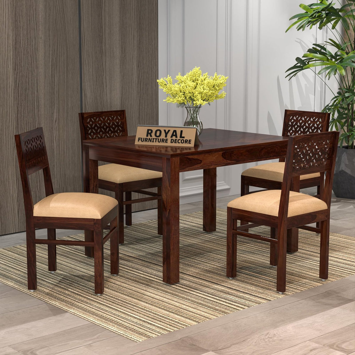 Royal Furniture Decor Solid Sheesham Wood 4 Seater Dining Table Set with Cushioned Chairs for Dining Room | Living Room | Home & Office | Hotels Restaurant & Cafe (4 Seater, Walnut Finish C)