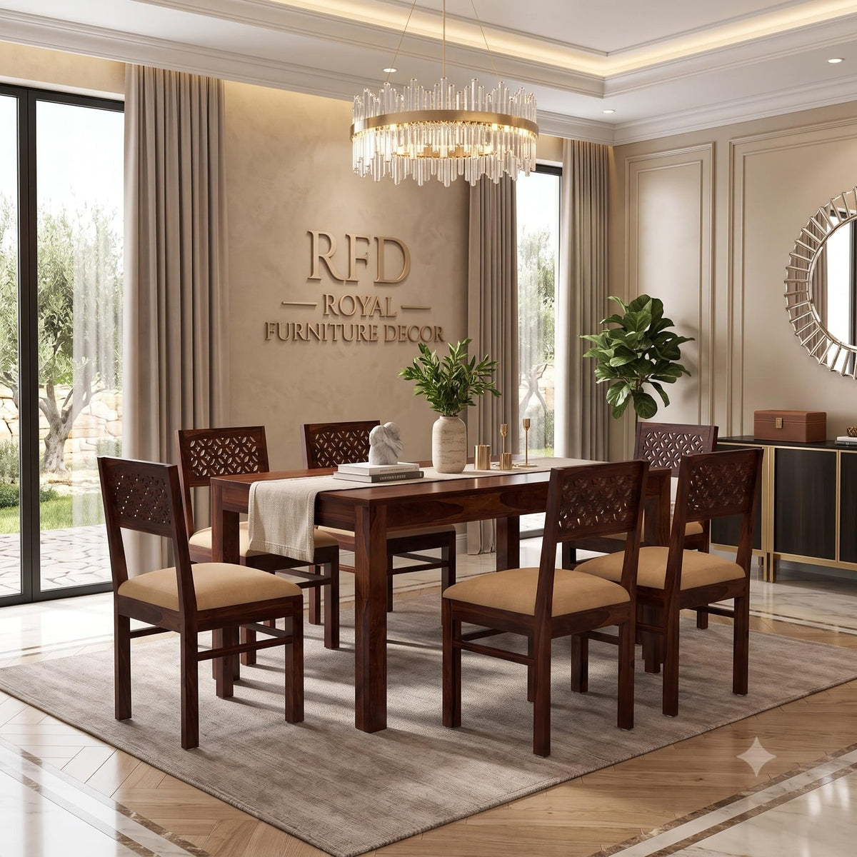 Royal Furniture Decor Solid Sheesham Wood 6 Seater Dining Table Set with Cushioned Chairs for Dining Room | Living Room | Home & Office | Hotels Restaurant & Cafe (6 Seater, Walnut Finish C)