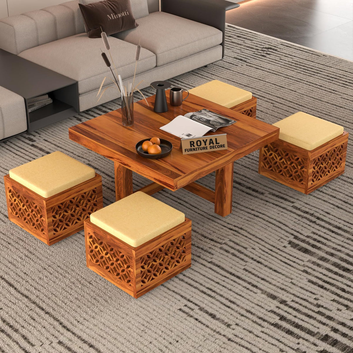 RFD - Royal Furniture Decor Solid Sheesham Wood Coffee Table with 4 Stools | Rosewood Centre Table with Cushioned Stool for Living Room (Honey A)