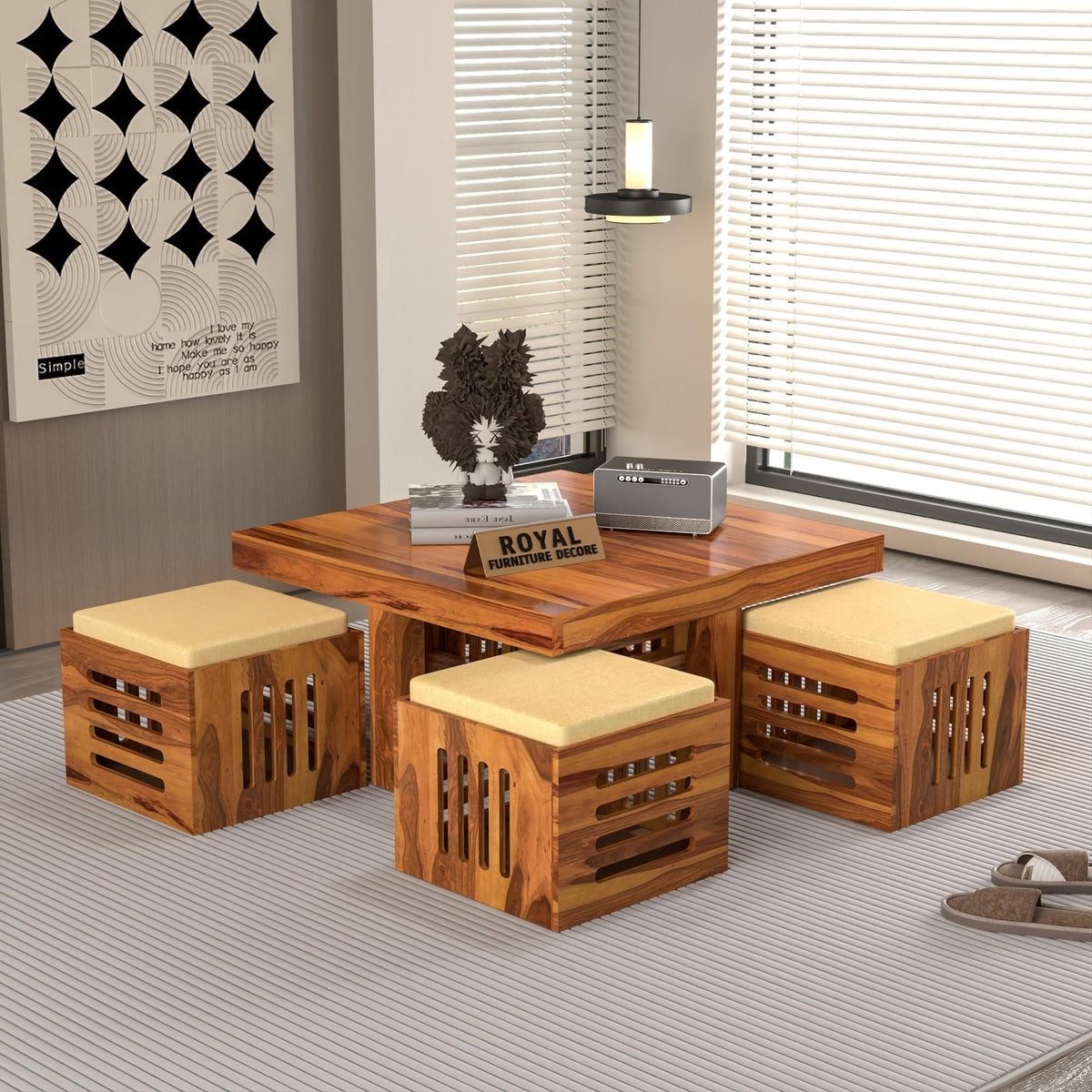 RFD - Royal Furniture Decor Solid Sheesham Wood Coffee Table with 4 Stools | Rosewood Centre Table with Cushioned Stool for Living Room (Honey B)