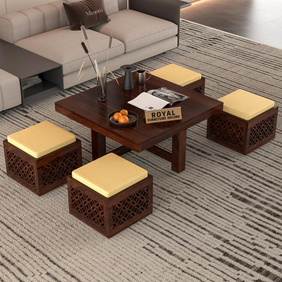 RFD - Royal Furniture Decor Solid Sheesham Wood Coffee Table with 4 Stools | Rosewood Centre Table with Cushioned Stool for Living Room (Walnut A)
