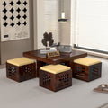RFD - Royal Furniture Decor Solid Sheesham Wood Coffee Table with 4 Stools | Rosewood Centre Table with Cushioned Stool for Living Room (Walnut B)