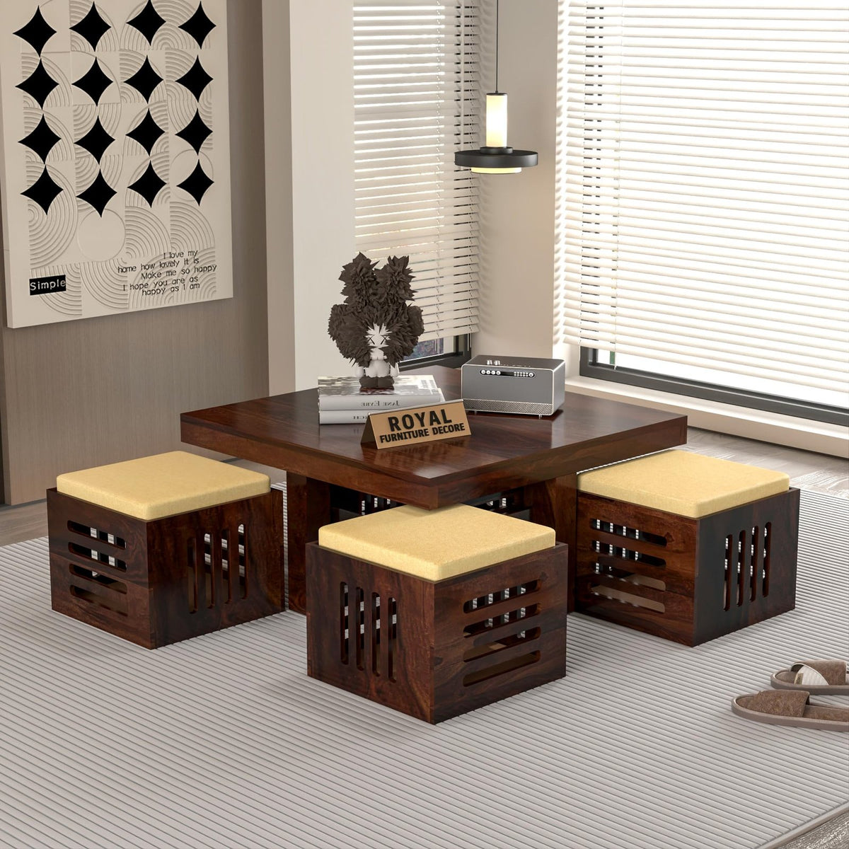 RFD - Royal Furniture Decor Solid Sheesham Wood Coffee Table with 4 Stools | Rosewood Centre Table with Cushioned Stool for Living Room (Walnut B)