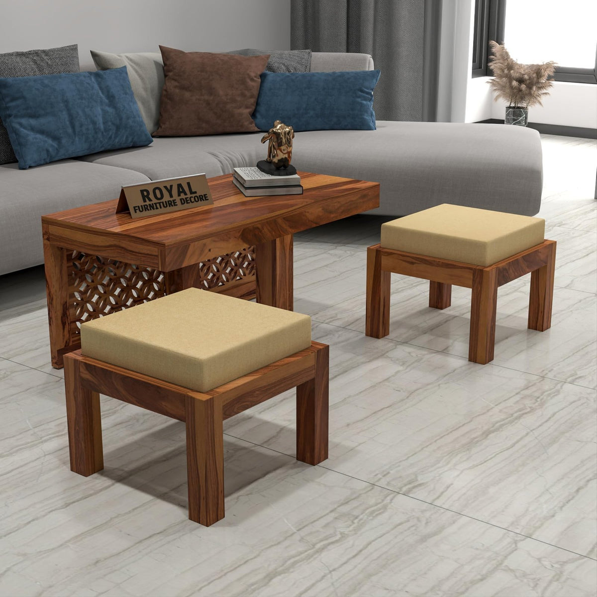 RFD - Royal Furniture Decor Solid Sheesham Wood Center Coffee Table with 2 Stools for Living Room Outdoor | Rosewood Centre Teapoy Tea Table with Stool for Home Office (Natural Finish)