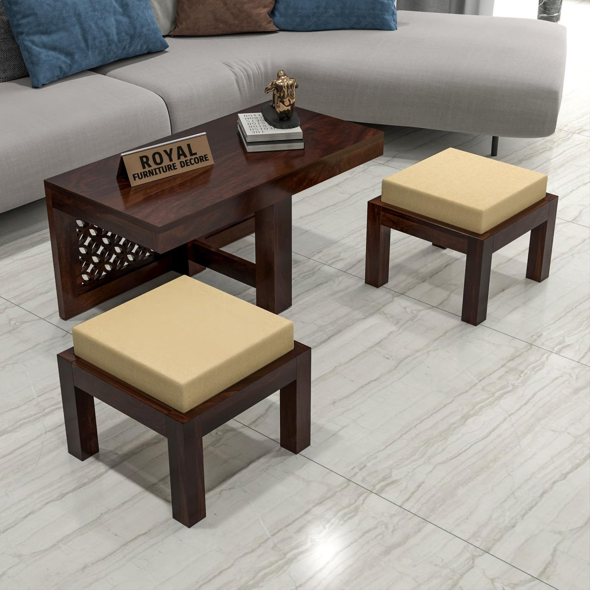 RFD - Royal Furniture Decor Solid Sheesham Wood Center Coffee Table with 2 Stools for Living Room Outdoor | Rosewood Centre Teapoy Tea Table with Stool for Home Office (Walnut Finish)