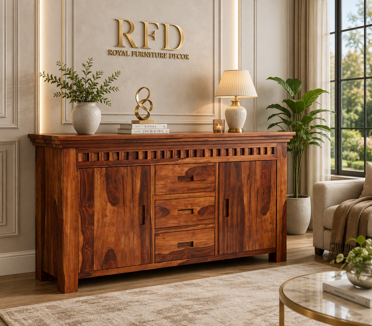 Royal Furniture Decor Solid Sheesham Wood Wooden Cabinet Sideboard with 4 Drawers and 2-Door Storage (Adolph,Honey)