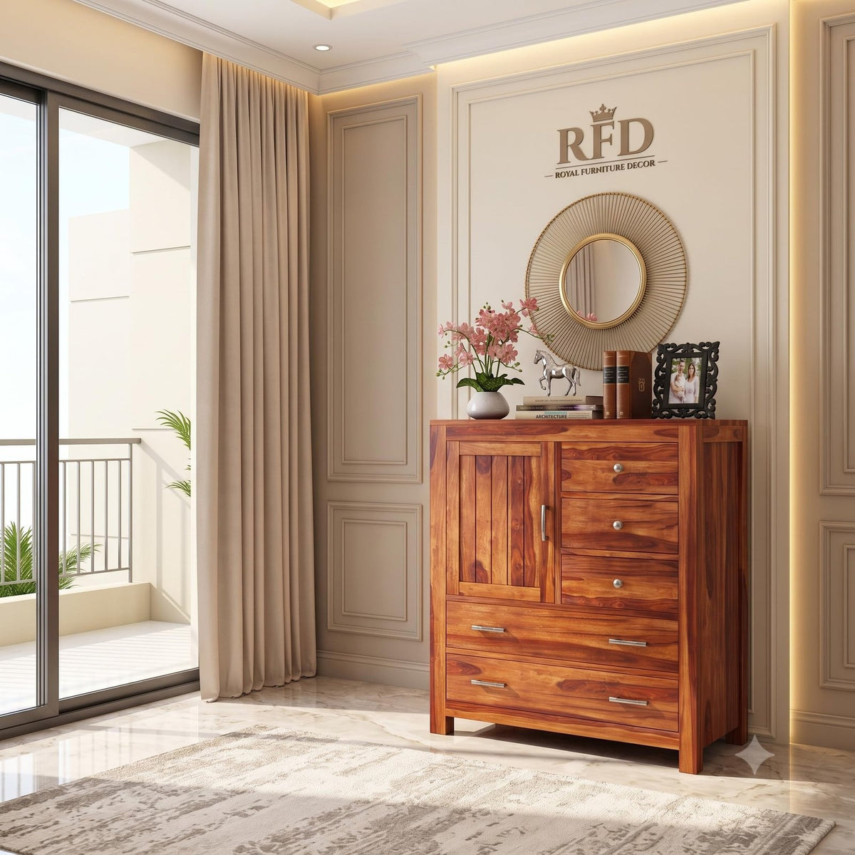 Royal Furniture Decor Solid Sheesham Wood Wooden Sideboard Cabinet with 5 Drawers & 1 Door Chest of Drawer Storafe for Your Living Room, Bedroom (Avalon,Honey)