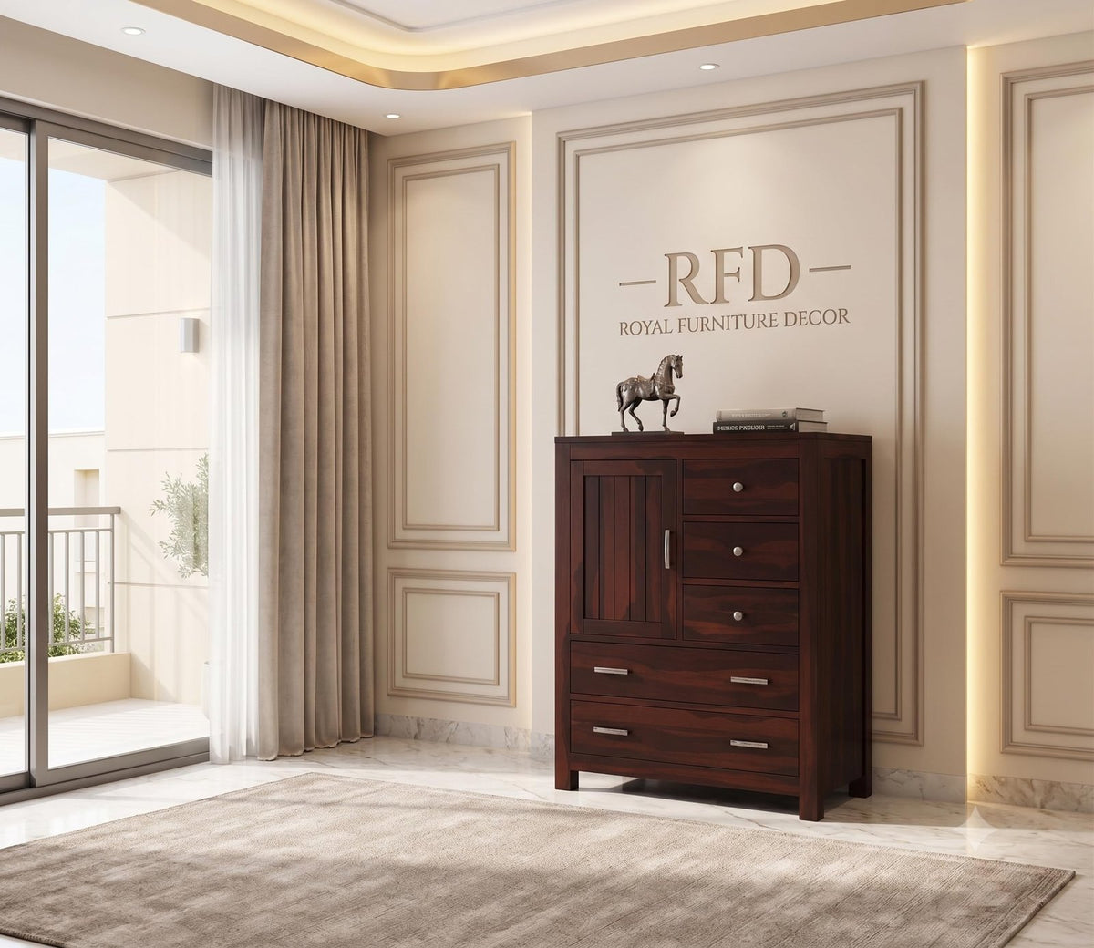 Royal Furniture Decor Solid Sheesham Wood Wooden Sideboard Cabinet with 5 Drawers & 1 Door Chest of Drawer Storafe for Your Living Room, Bedroom (Avalon,Walnut)
