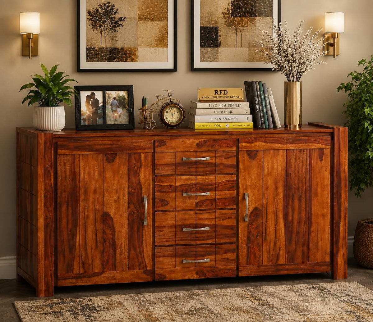 Royal Furniture Decor Solid Sheesham Wood Wooden Sideboard & Chest of Drawer with 4 Drawers and 2-Door Storage for Living Room, Bedroom (Chevalier,Honey)