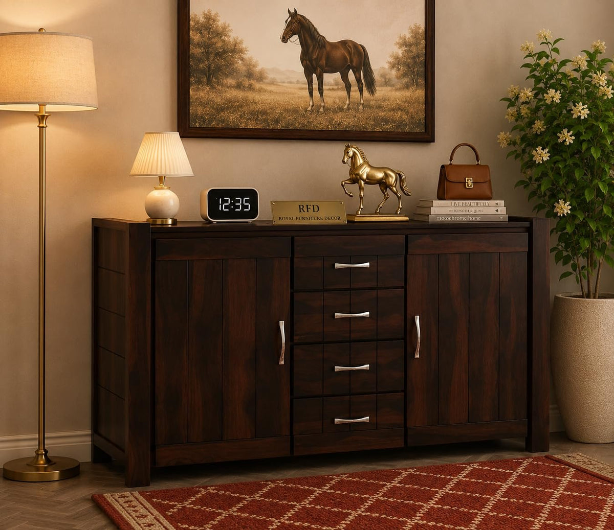 Royal Furniture Decor Solid Sheesham Wood Wooden Sideboard & Chest of Drawer with 4 Drawers and 2-Door Storage for Living Room, Bedroom (Chevalier,Walnut)