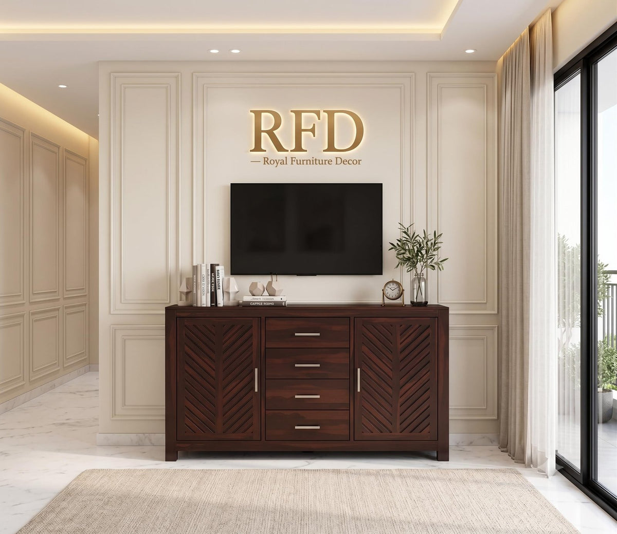 Royal Furniture Decor Solid Sheesham Wood Sideboard Cabinet - Elegant Free-Standing Movable Chest of Drawers with 4 Drawers & 4 Shelf storag for Stylish Living Room (Ferna,Walnut)